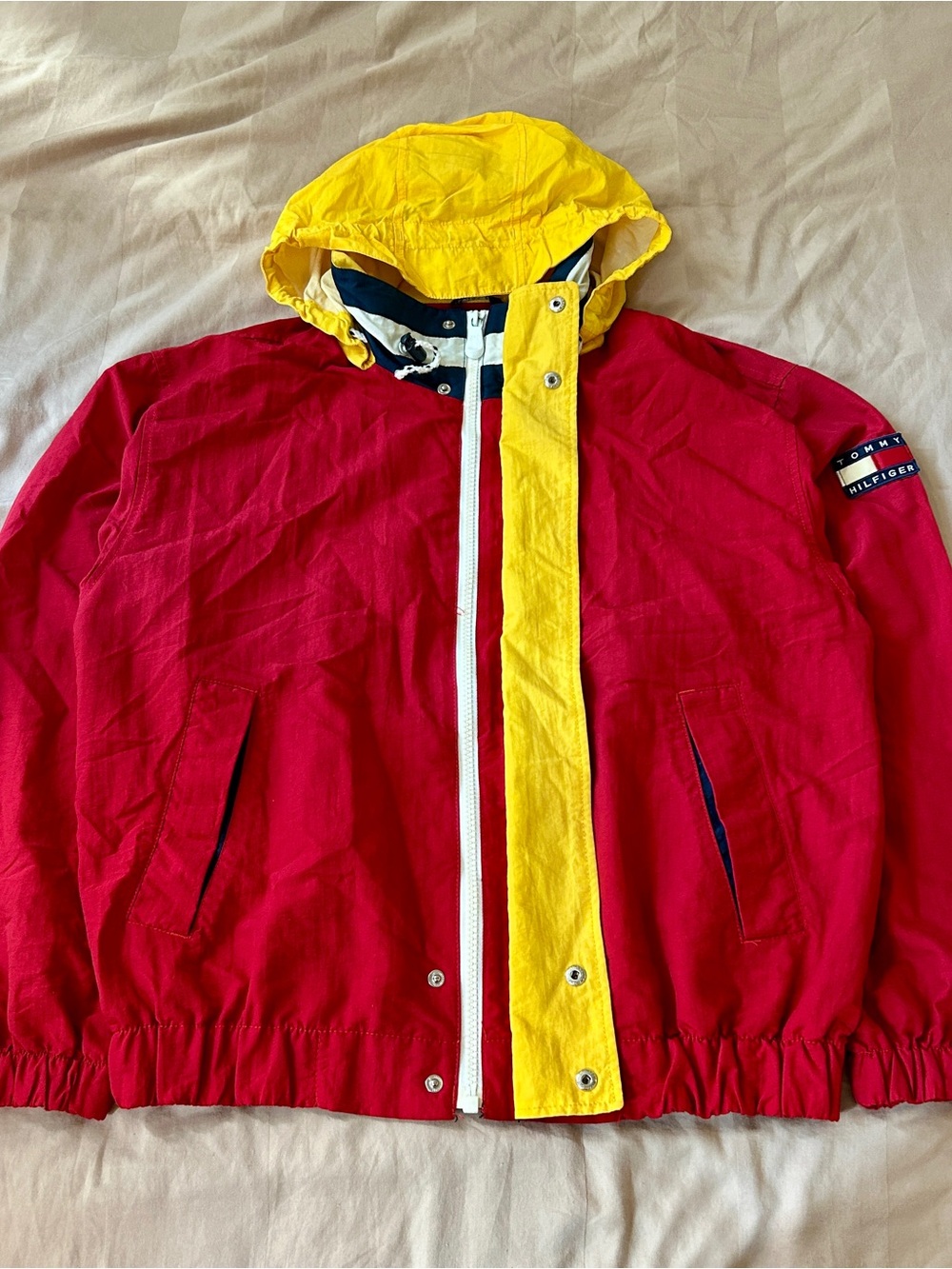 Vintage Made in Bulgaria Tommy Hilfiger Red & Yellow Jacket with Hood